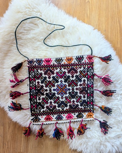 VINTAGE TURKISH? WOOL EMBROIDERED BAG w/ TASSELS, COLOURFUL, CREAM, BOHO - Picture 1 of 6