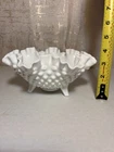 Fenton Milk Glass Hobnail 3 Footed Ruffled Edge Candy Bowl White Vintage 7.5