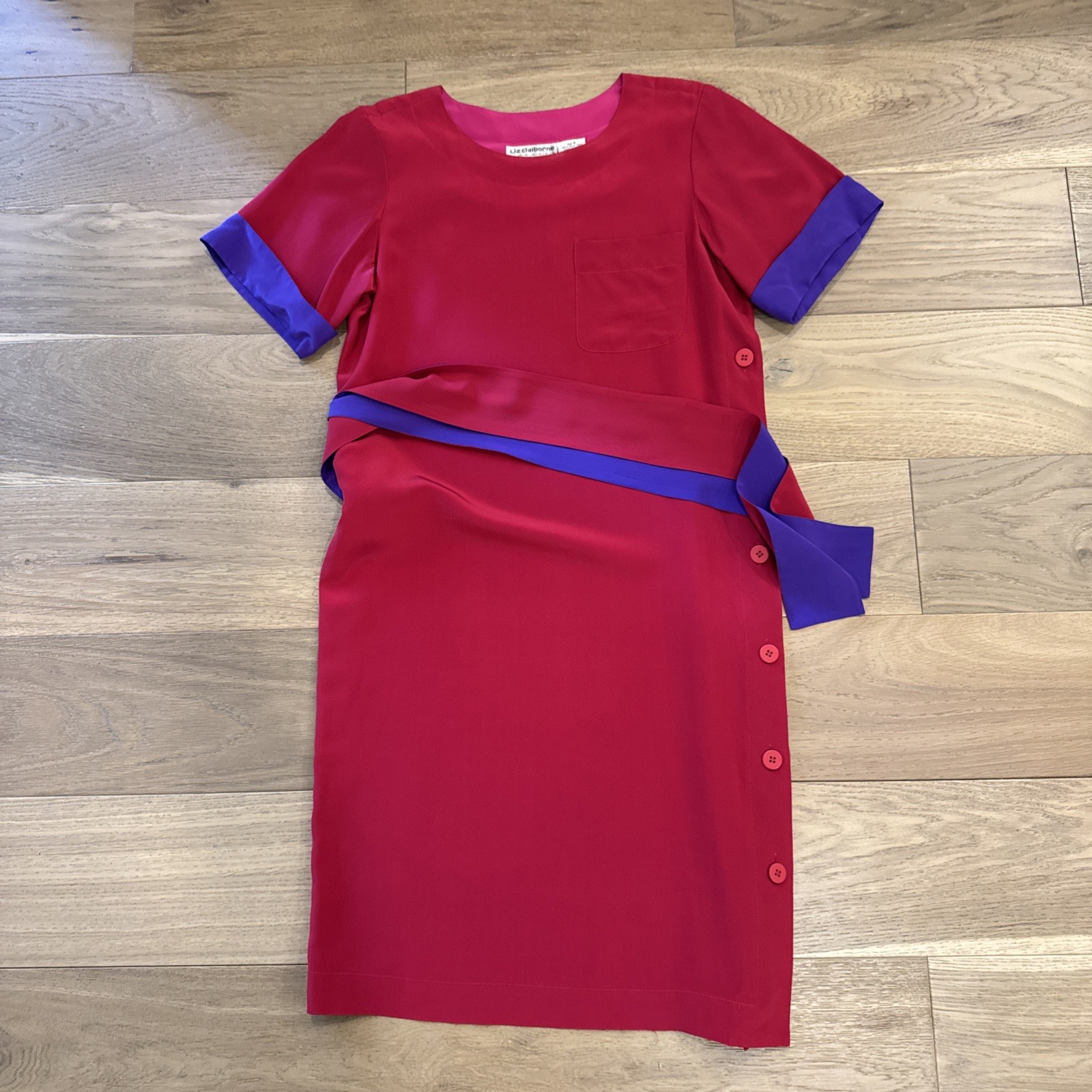 Vintage Liz Claiborne Silk Dress 6 Colorblock Red Purple Side Button Sash Belt