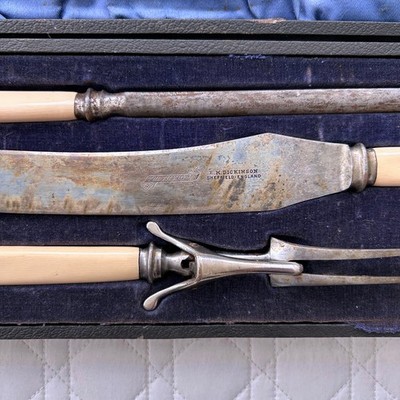 E. M. Dickinson Sheffield England Carving Set 1880s 1890s Leather Boxed Set 3 pc