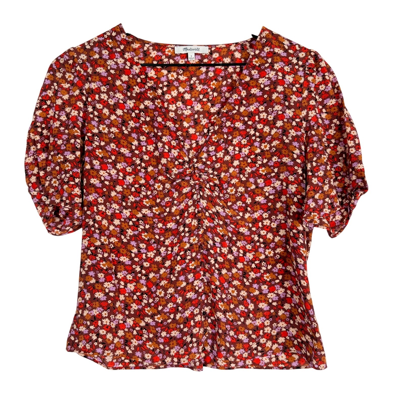 Madewell 100% Silk Button Down Top in Spring Prairie Floral VNeck Red Blouse - 6