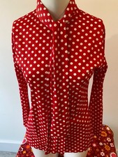VINTAGE Damen 70er Jahre ALADIN ROT GEPUNKTET REISSVERSCHLUSS POP OVER LANGARM SHIRT 34"