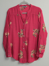 Figueroa  Flower Women's Blouse/Top Pink Embroidered Flowers V-Neck Size Medium