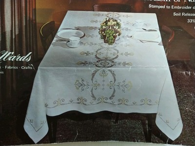 LeeWards  Victorian Pattern  Stamped Tablecloth 50X50 with Blue Thread Kit Linen