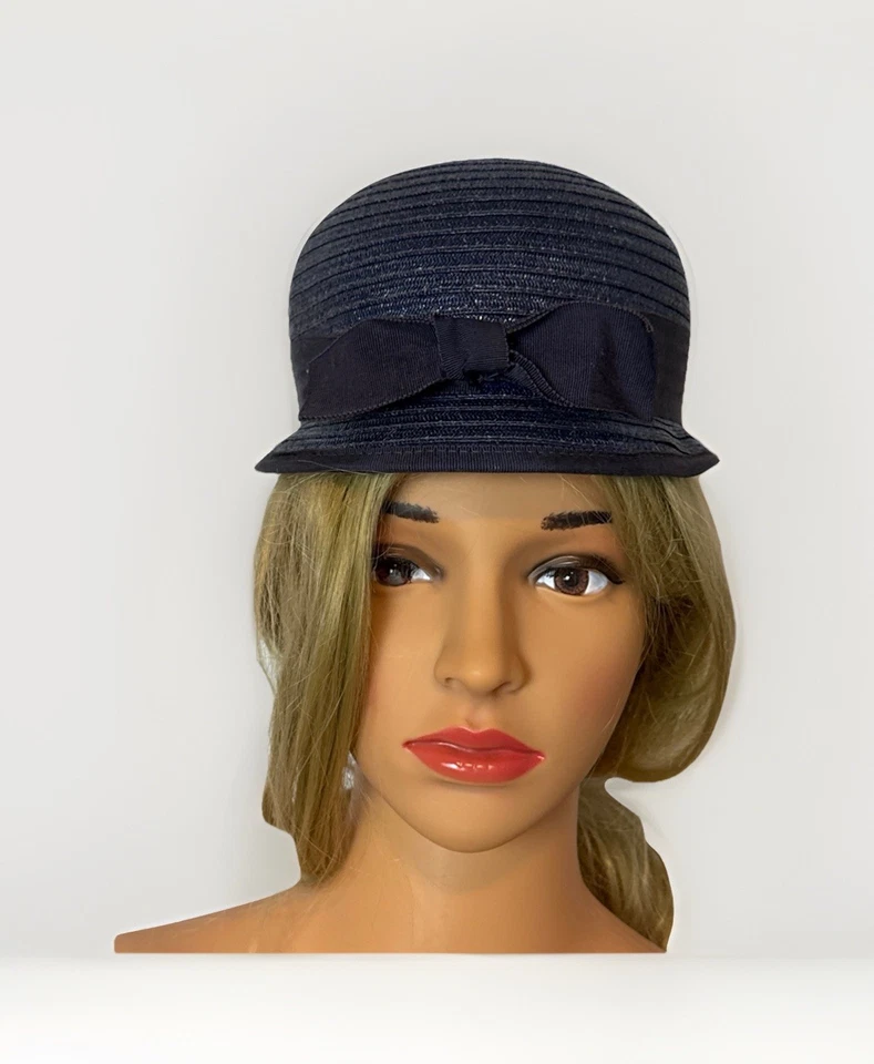 Vintage Navy Blue Cloche Hat Bow Accent Women’s Dress Church Tea Party Tiny Head - Image 2 of 4