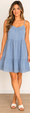 Urban Outfitters Hailey Blue Eyelet Tiered Mini Dress Large Cotton Cottagecore