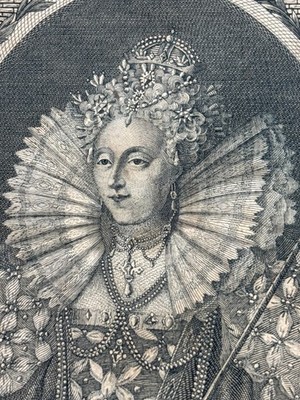 Antique Queen Elizabeth I Ornate Portrait Engraving Royalty Print
