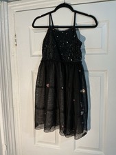 Girls Black Sequin Fit  Flare Tulle Party Dress with Pom Pom Accents
