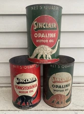 Set Of 3 SINCLAIR PENNSYLVANIA OPALINE MOTOR OIL 5 QUART TIN CAN DINO DINOSAUR