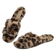 Athlefit Fuzzy Slippers for Women Open Toe Indoor House Shoes Leopard 8