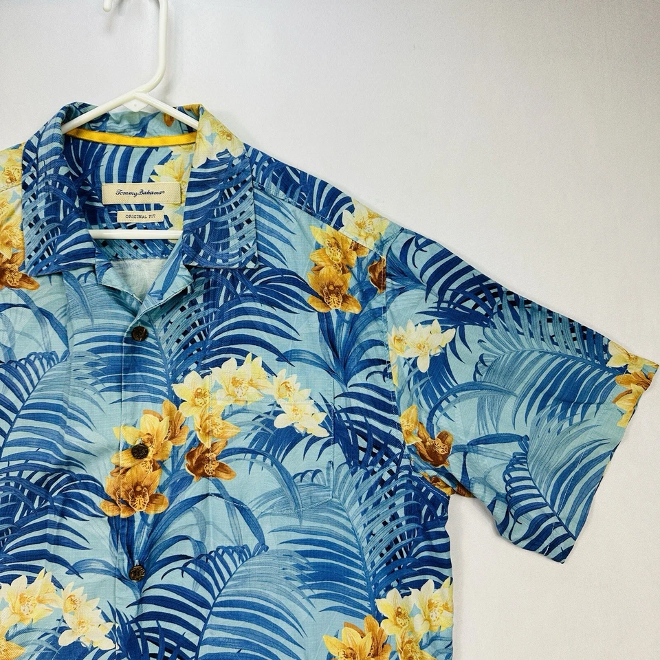 Camisa Tommy Bahamas Seda Hawaiana Floral Calce Original Para Hombre Grande Azul Amarillo S/S Foto 4 de 4