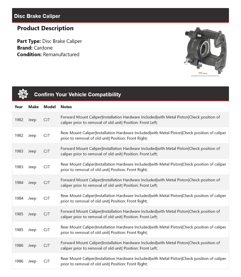 Pinza de freno de disco Cardone 1983 1984 1985 para Jeep CJ7 1982-1986 Foto 2 de 4