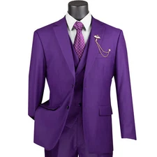 VINCI Men's Purple 3-Piece Modern Fit Suit w/ Adjustable Waist - NEW