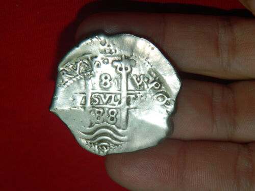 8 REALES MACUQUINOS CARLOS II  PLATA 1688 POTOSI SILVER PIRATE SPAIN COIN L107 - Photo 1/2