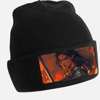 Black Beanie Hat with Cool Warrior Motif - Unisex Cap, Cotton