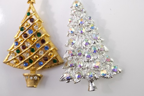 Christmas Tree Pin With Rhinestone Gold Silver Tone Brooch Pair - Picture 3 of 4