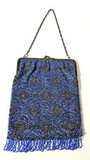 Art Deco Nouveau Blue Beaded Fringe Evening Bag Purse Flapper