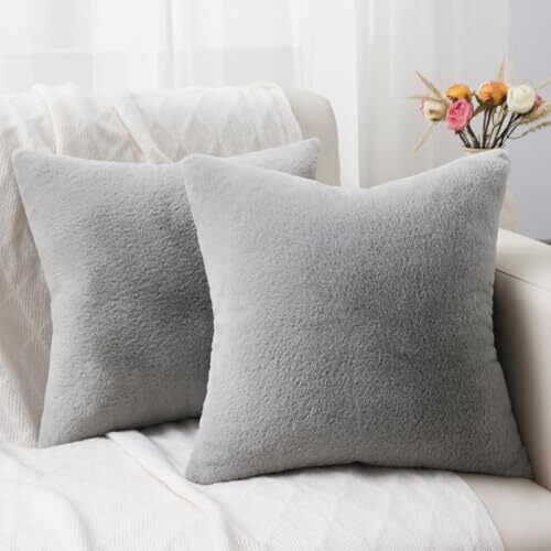 Faux Fur Plush Throw Pillow Covers 20x20 Set of Luxury Soft 20X20-Inch  Grey