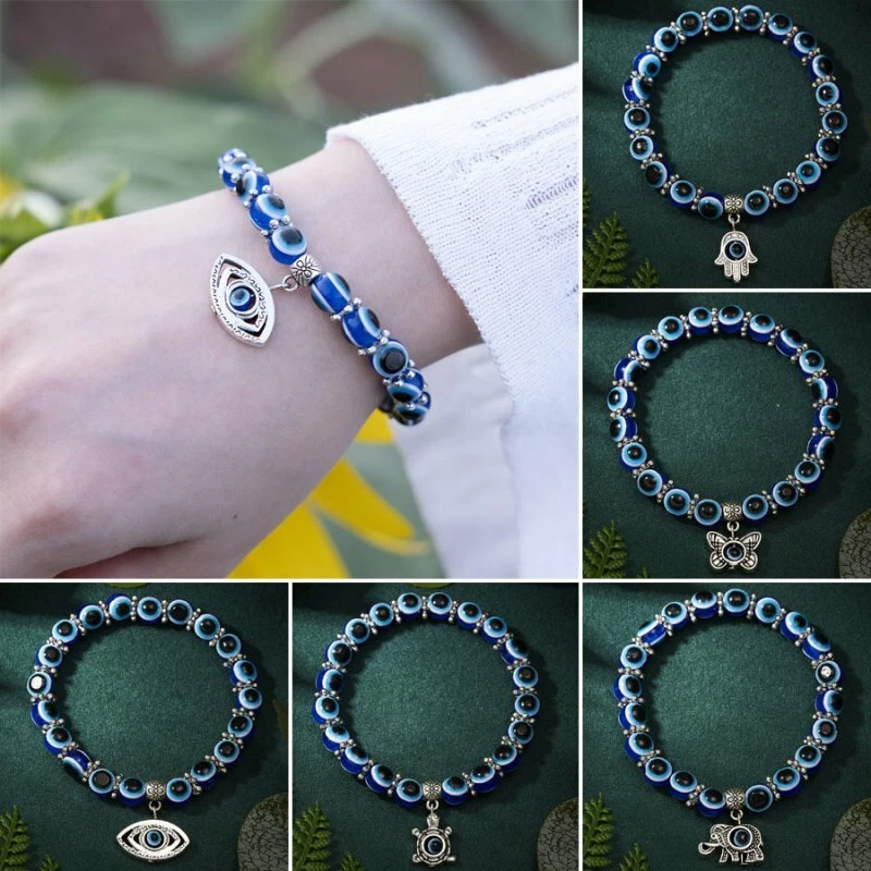 Turkish Blue Evil Eye Beads Sterling Silver Bracelet