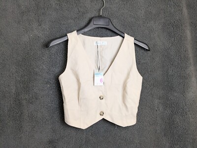 Primark Damen Freizeit Top Bluse Gr. 6 Beige Ecru Ärmellos Knopf V-Ausschnitt Neu