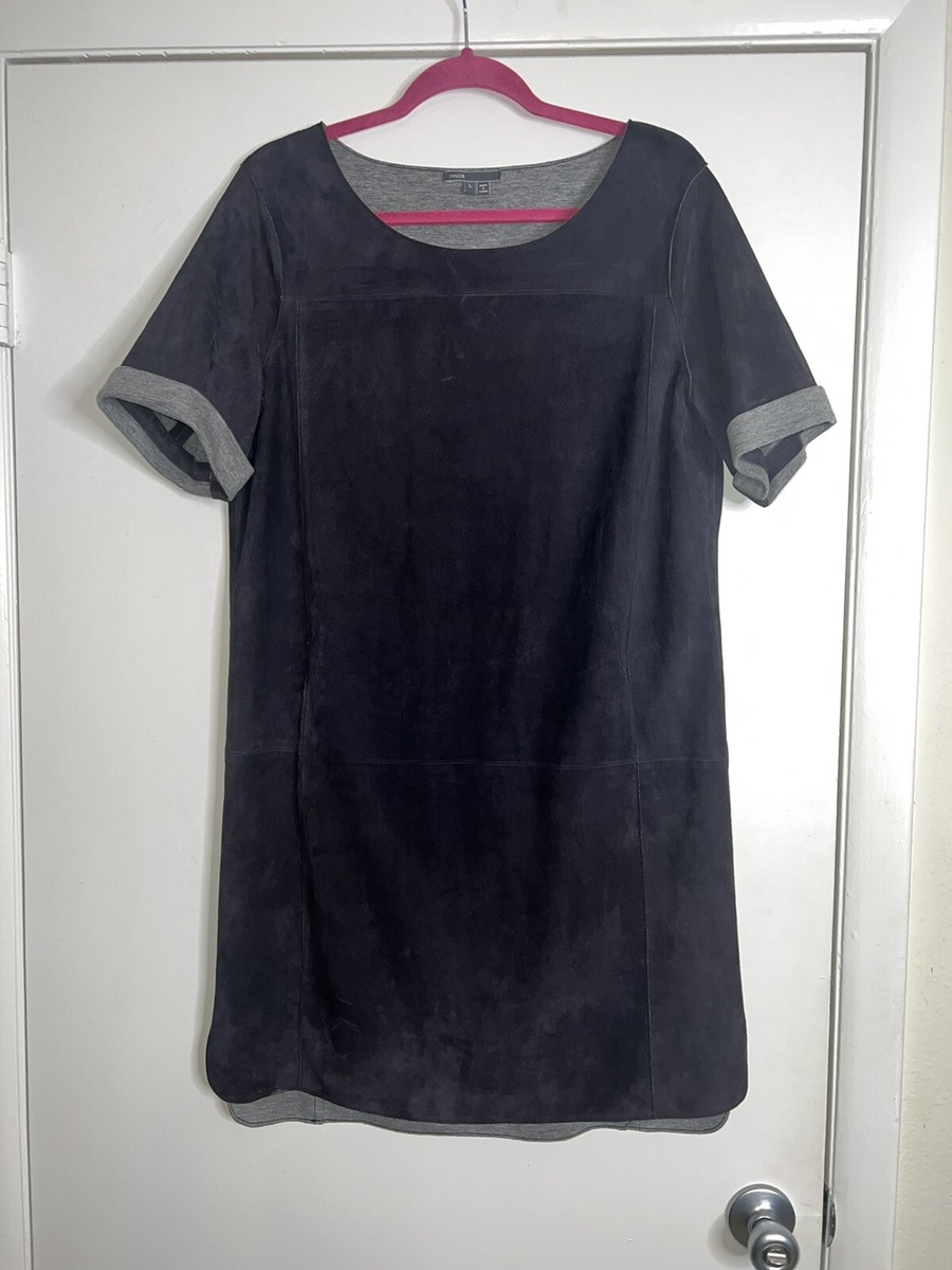 VINCE Womens Navy Blue Stretch Suede Pockets Shot Sleeve Shift Dress Sz L VINCE Womens Navy Blue Stretch Suede Pockets Shot Sleeve Shift Dress Sz L