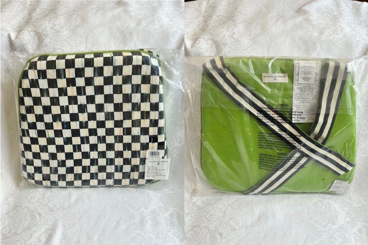 Mackenzie Childs COURTLY CHECK Cotton/Linen Fabric SEAT CUSHION Green  Bottom NEW