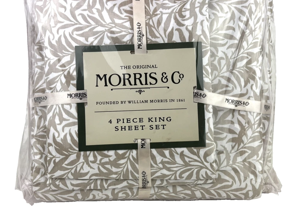 William Morris & Company KING Sheet Set Willow Bough Leaves Light Brown Cotton - Image 4 of 4