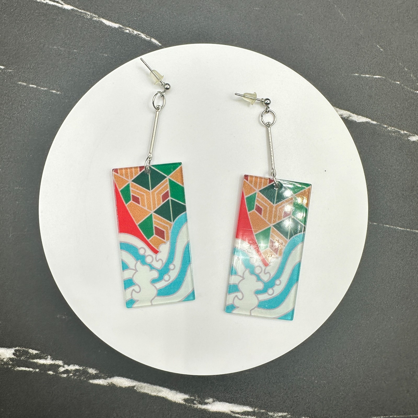 Long Multicolor Marbled Bead Dangle Earrings Blue… - image 5