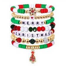 9PCS Christmas Bracelets for Women Red Green Heishi Bracelet Stack Beaded Holida