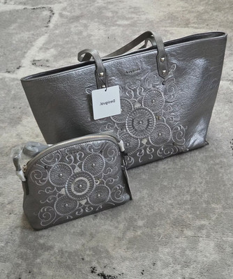 Desigual Damen Große Shopper-Tasche mit Stickerei Silber Grau NEU