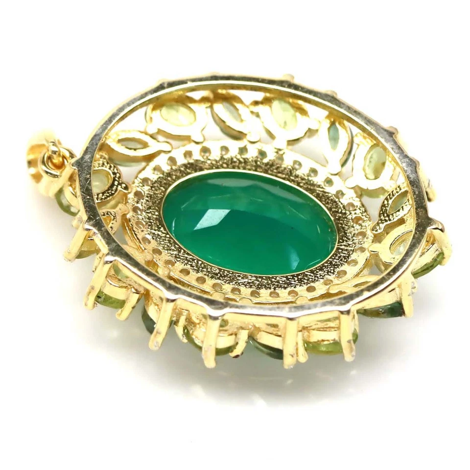 925 Sterlingsilber 10 x 14 Mm. Grüner Achat, Peridot & Zirkon Statement Anhänger - Bild 3 von 4