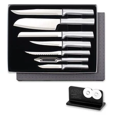 Cutlery 7-piece Starter Knife Gift Set with Quick Edge Sharpener, Silver Handles