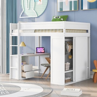 Full Size Loft Bed with Underbed Wardrobes & Desk with Cabinet, Pine Wood, White