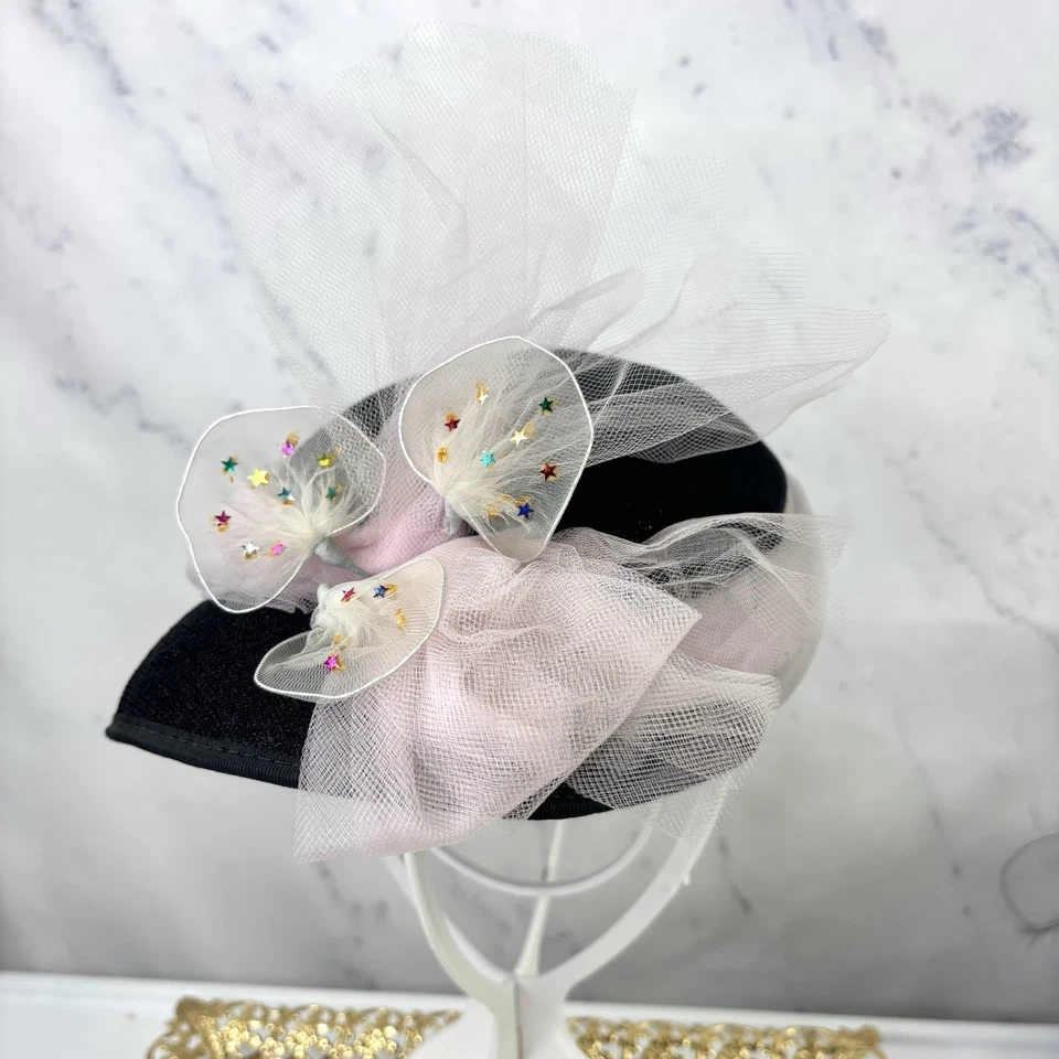 De Colección Años 40 Años 50 Sombrero Negro Rosa Tul Malla Cloche Británico Caprichoso Retro Femenino Foto 3 de 4