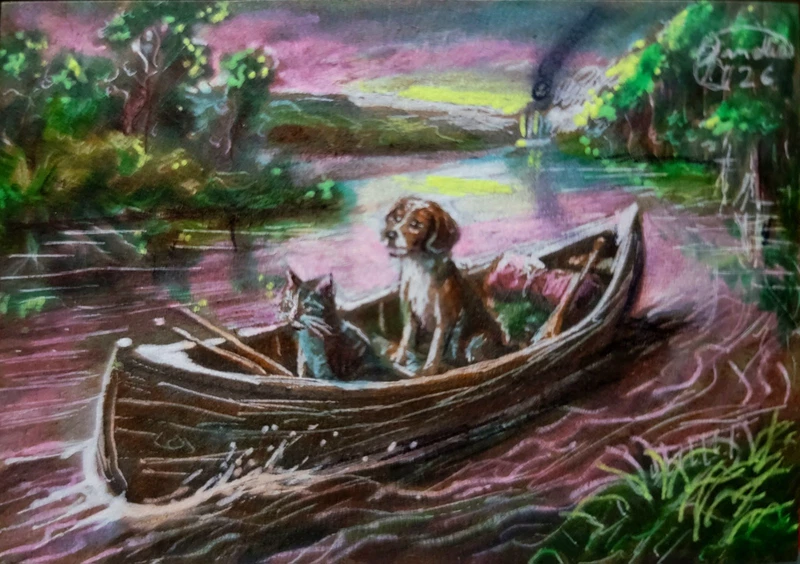 Jacob Landis HANDMADE ORIGINAL Whimsy ACEO Kitten Pup A Float Down The Mississip