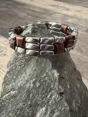 Silver Magnetic Hematite Therapy Bracelet Anklet Necklace 3 Row w Red Tiger Eye+