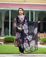 Floral Printed Georgette Kurta Set Indian Women Ethnic Kurti Pant Dupatta Set
