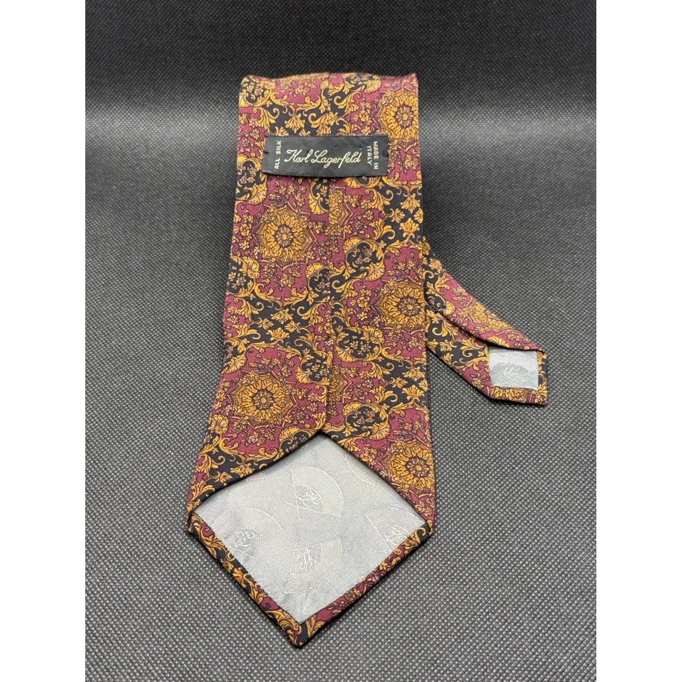 Karl Lagerfeld Red Gold Floral Silk Tie Made in Italy 57" x 3.25" - Image 3 of 4
