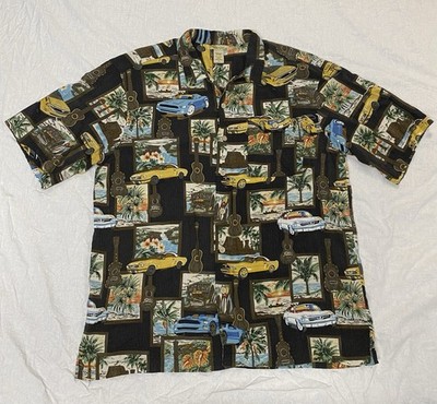 Islander Hawaiian Shirt L Black Cars Surf Guitar Tropical Rayon