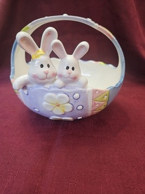 The Gift Co. Ceramic Bunny Basket 5.5'' Easter Decor Floral White Pink