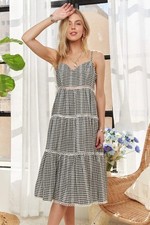 NWT Black Gingham Crochet Tiered Prairie Cottage Farmhouse Peasant Dress S