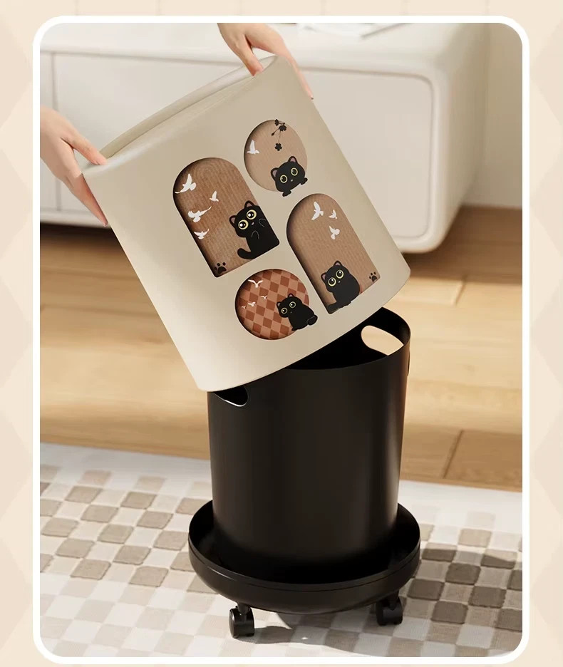 12L Small Cute Cat Bathroom Trash Can Bin with Lid & Wheels for Home Office