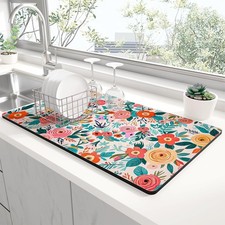 Dish Drying Mat for Kitchen Counter, 12 x 19" Cute Flower Super Absorbent