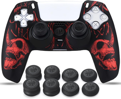 Skulls Red Laser Carved Silicone Skin for PS5 Controller + 8 Thumb Grips!