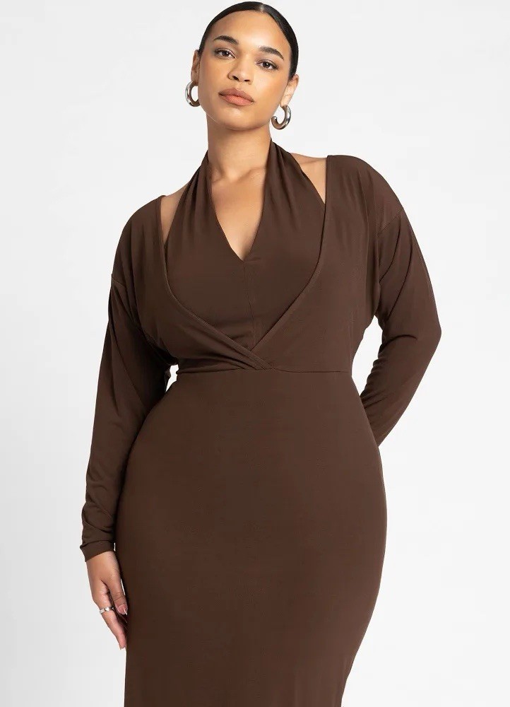 NWT Eloquii Brown Cotton Solid V-Neck Long Sleeve Maxi Sweater Dress Plus 26