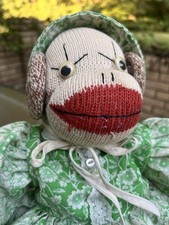 Vintage Handmade Sock Monkey Girl Doll - Green Gingham Dress Hat /18 Folk Art