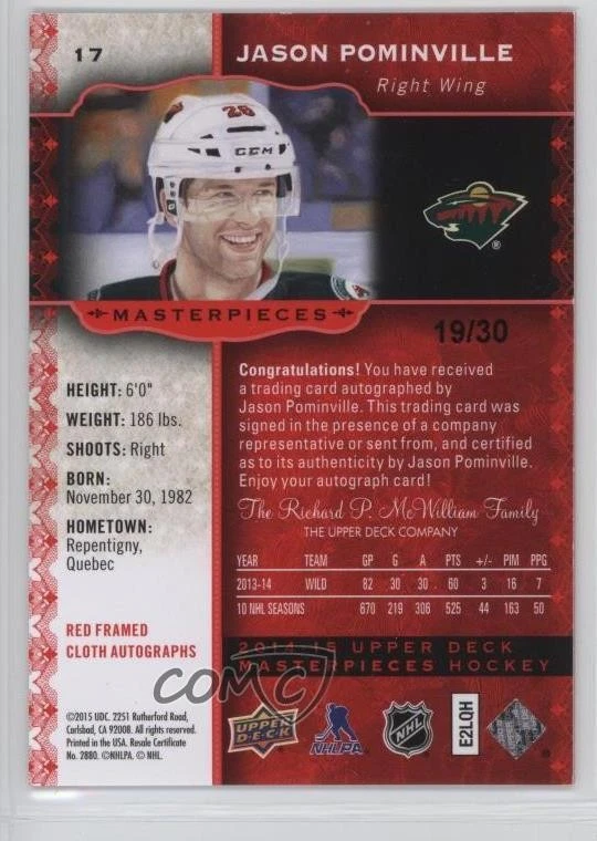 2014-15 Upper Deck Masterpieces Red Framed Auto /30 Jason Pominville #17 Auto - Image 2 of 2