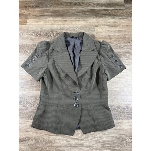 Zinc Blazer Jacket Womens Size M Gray Pinstripe Short Sleeve Puff Sleeve Peplum