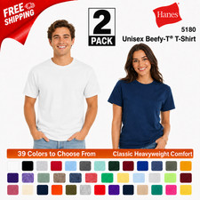 2 Pack Hanes 5180 Beefy-T Unisex Heavyweight Cotton T-Shirt Plain Crew Tee S-5XL