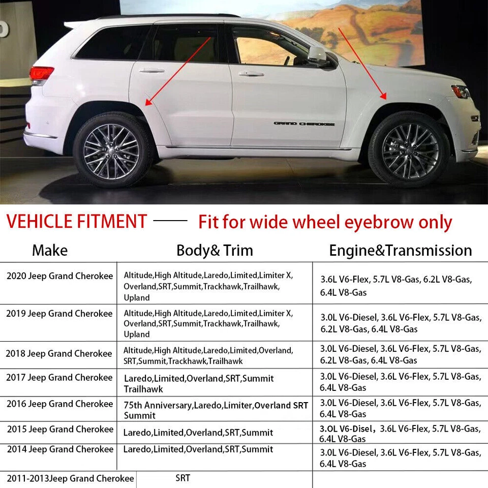 For Jeep Grand Cherokee Carbon Fiber Front & Rear 4x Fender Flare Extensions Kit - Image 2 of 4